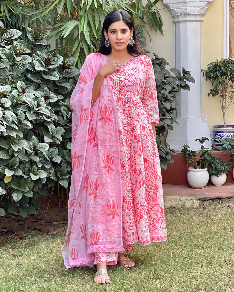 PINK FLORAL HANDBLOCK ANARKALI SUIT SET