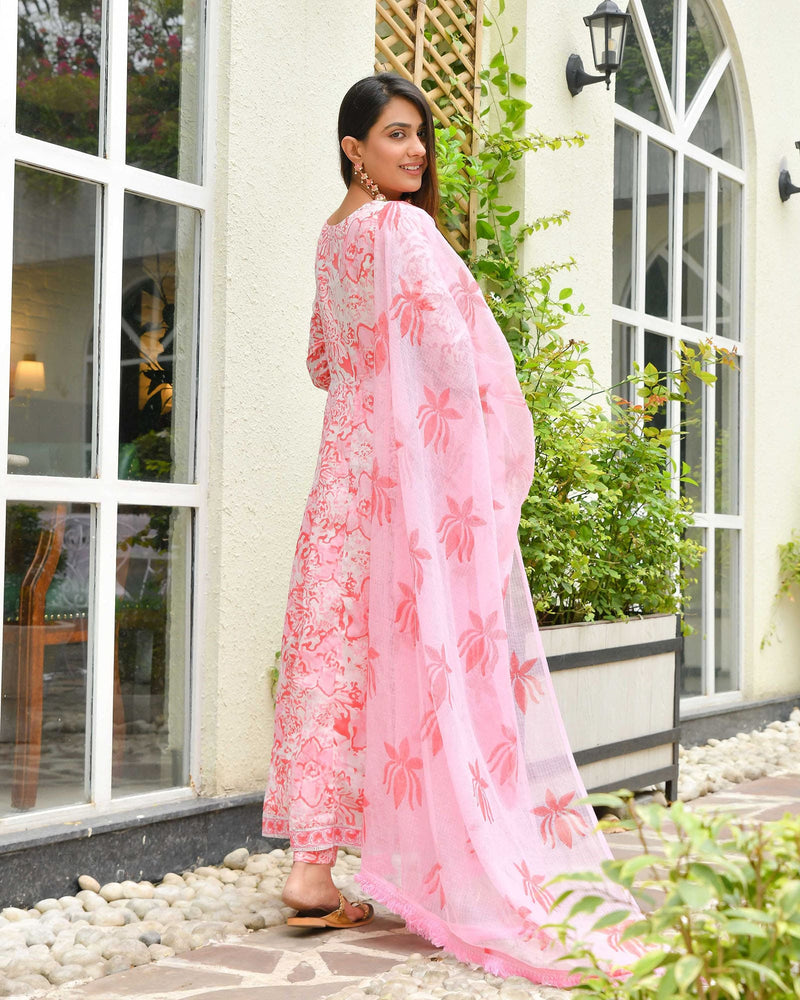 PINK FLORAL HANDBLOCK ANARKALI SUIT SET