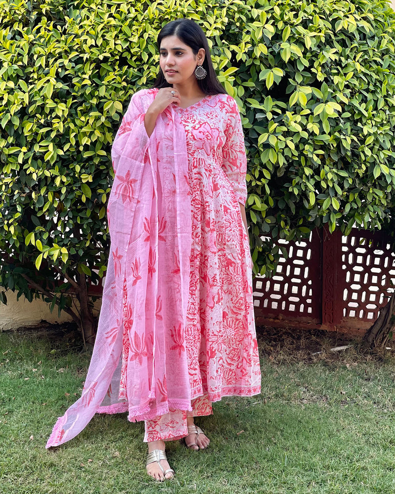 PINK FLORAL HANDBLOCK ANARKALI SUIT SET