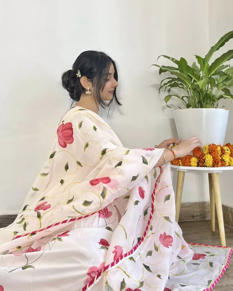 BLOOMING PINK HANDPAINTED SHANTUNG ANARKALI