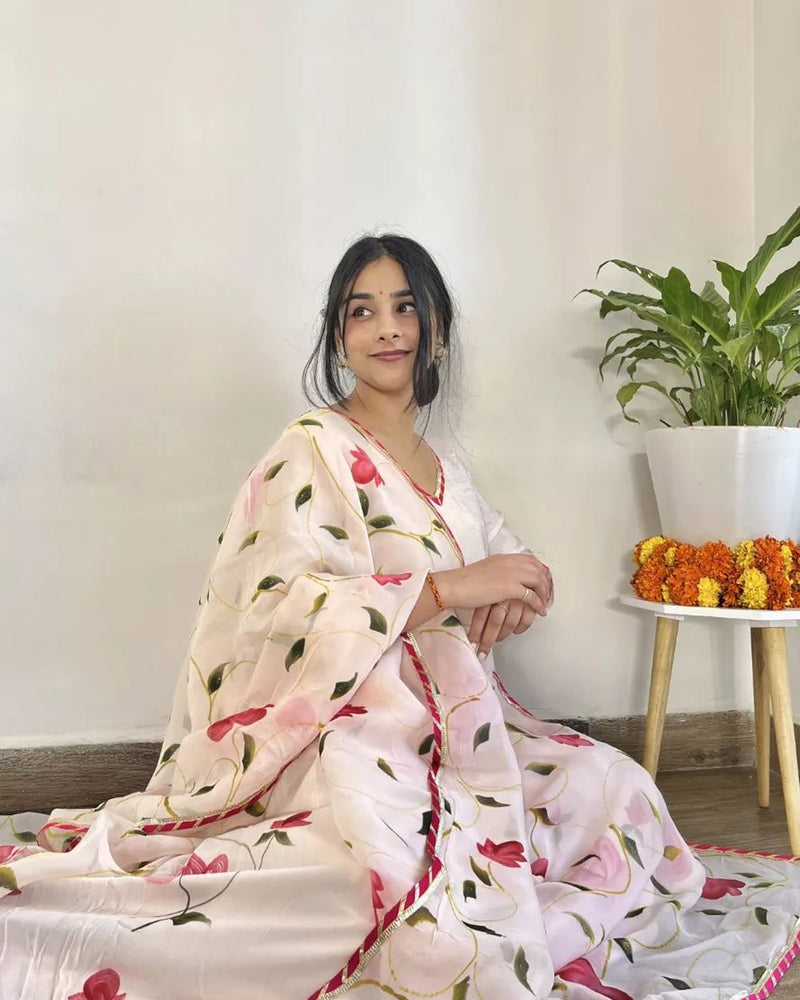 BLOOMING PINK HANDPAINTED SHANTUNG ANARKALI