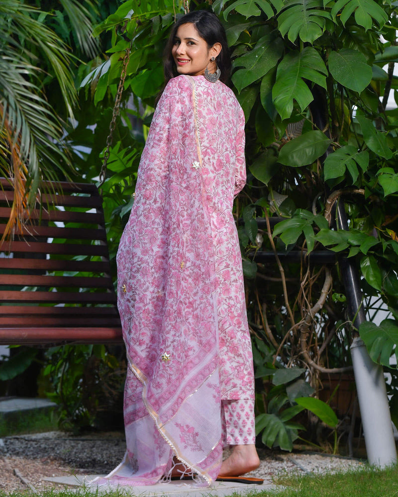PINK FLORAL HANDBLOCK SUIT SET WITH GOTTA WORK
