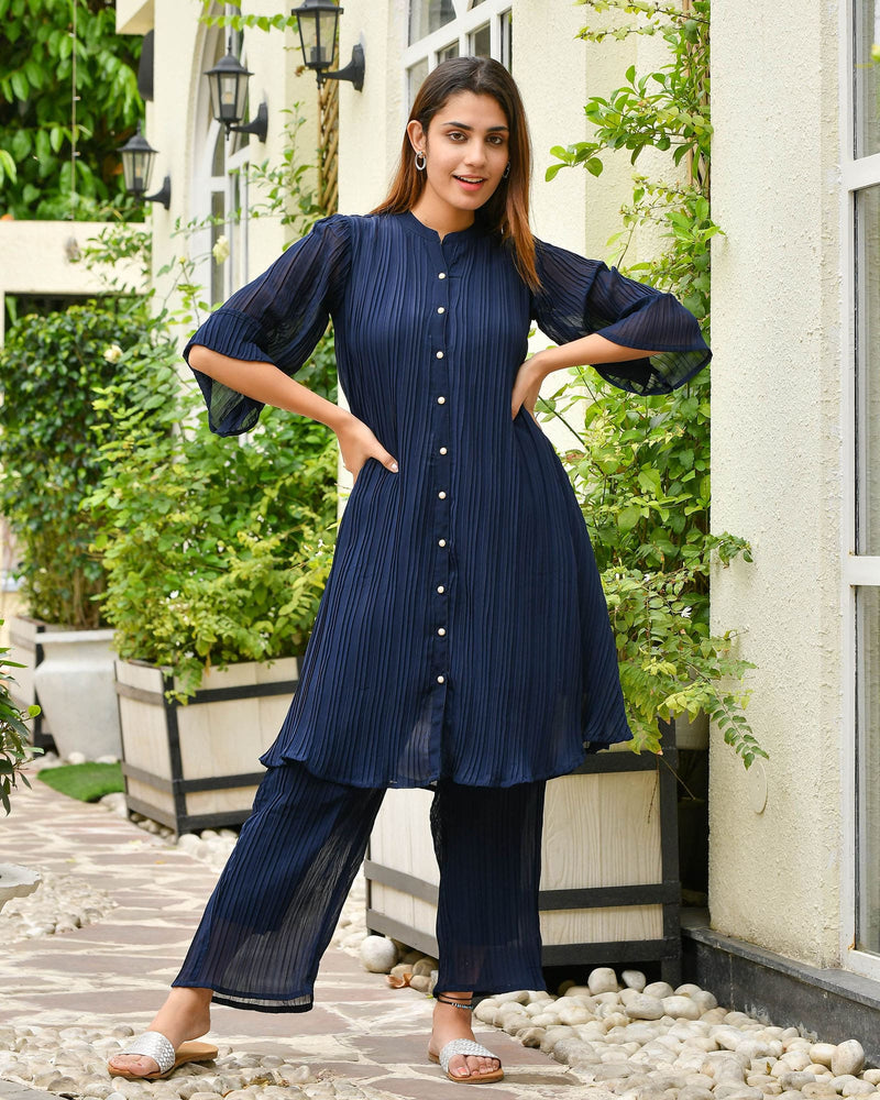 NAVY PLEATED GEORGETTE CO-ORD SET