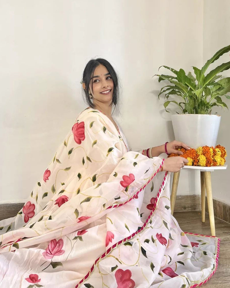BLOOMING PINK HANDPAINTED SHANTUNG ANARKALI