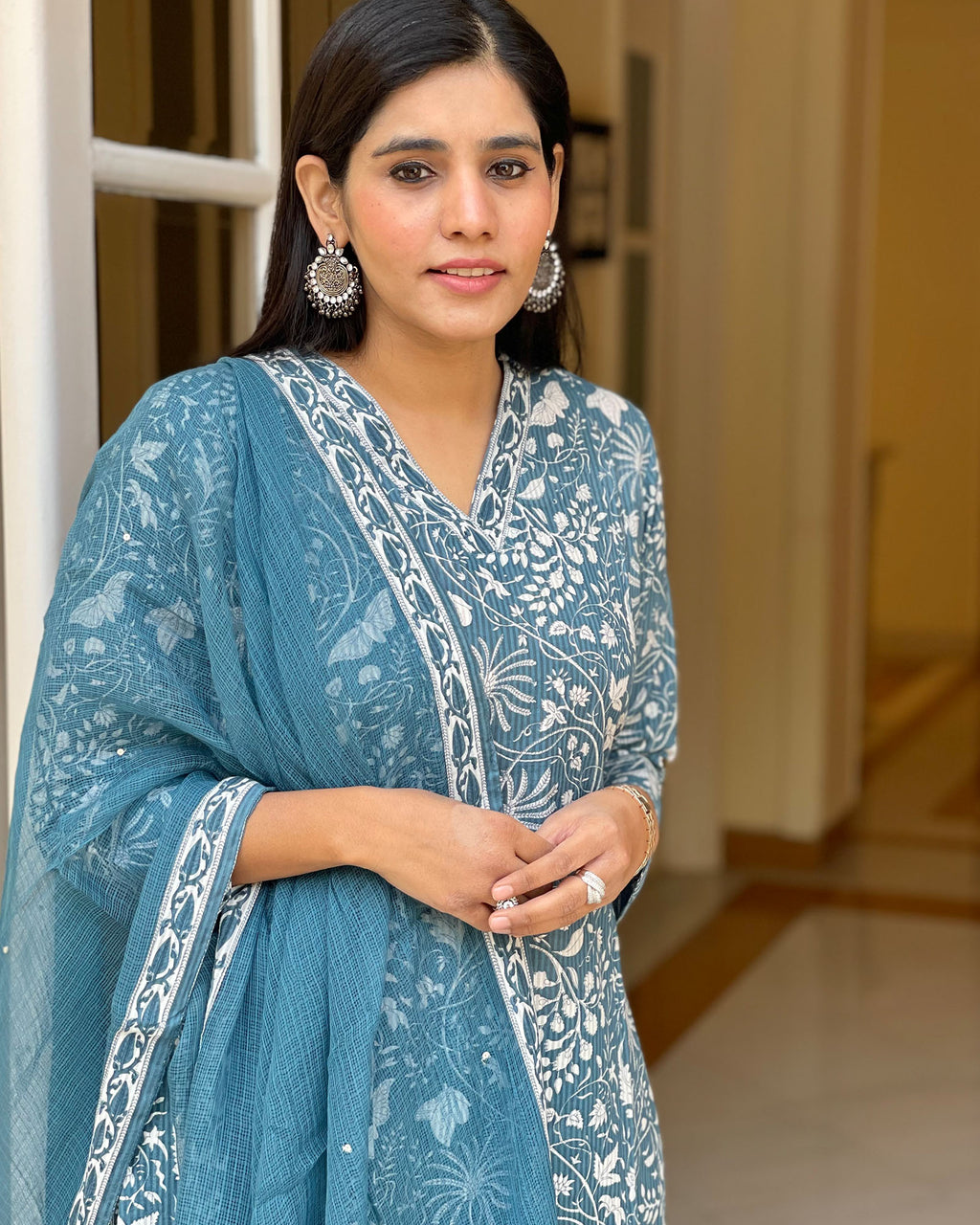 SMOKE BLUE COTTON HANDBLOCK SUIT SET