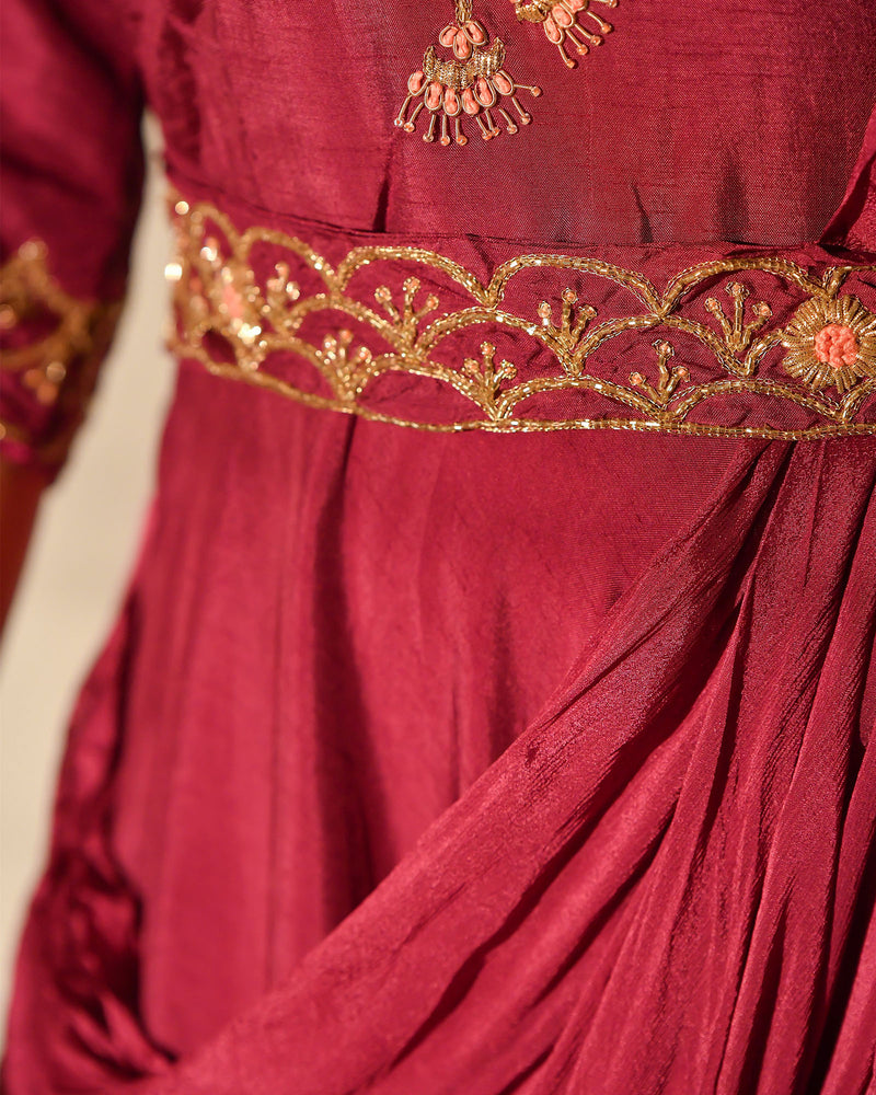 BURGUNDY MUSLIN BEAUTIFULLY EMBROIDERED GOWN