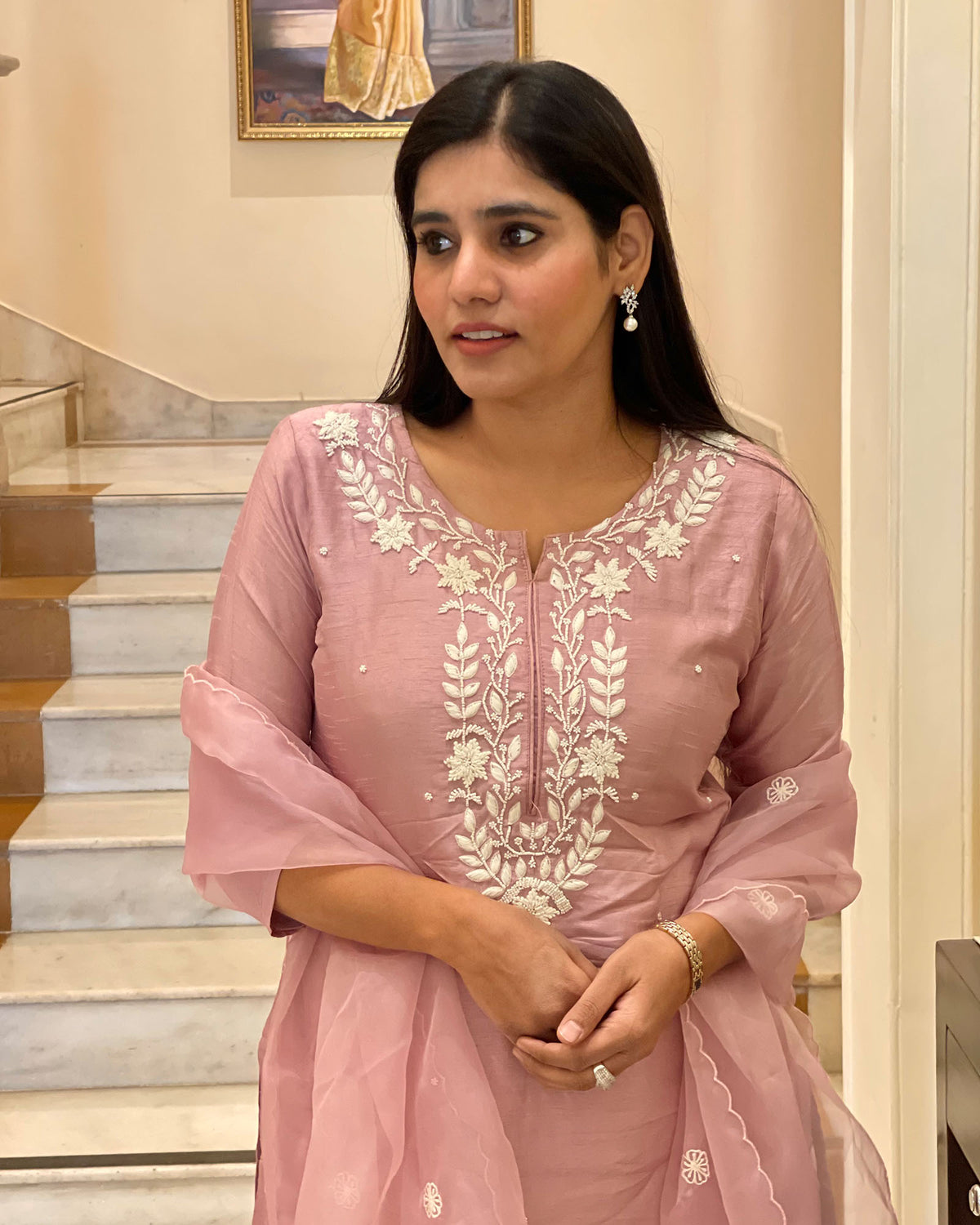 MAUVE MUSLIN SUIT SET WITH ORGANZA DUPATTA