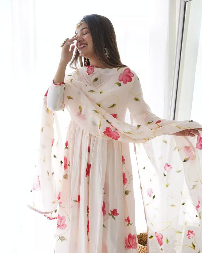BLOOMING PINK HANDPAINTED SHANTUNG ANARKALI