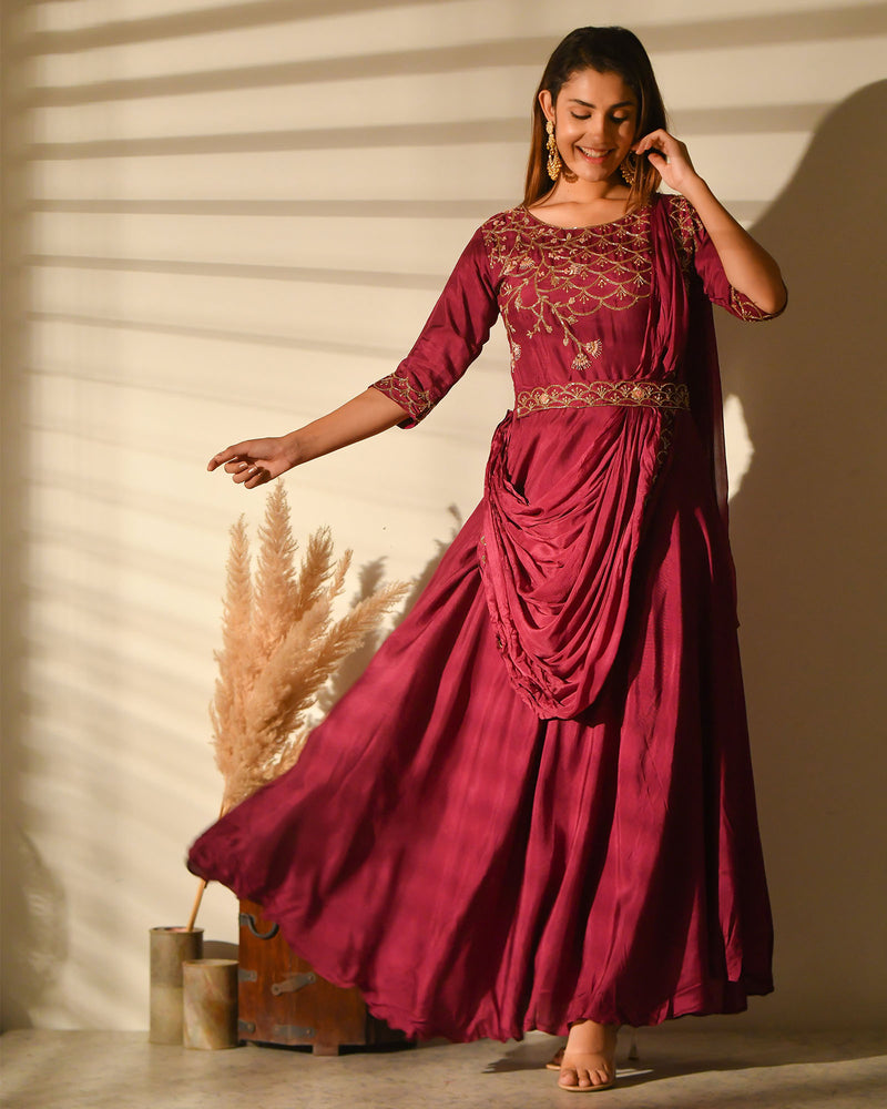 BURGUNDY MUSLIN BEAUTIFULLY EMBROIDERED GOWN