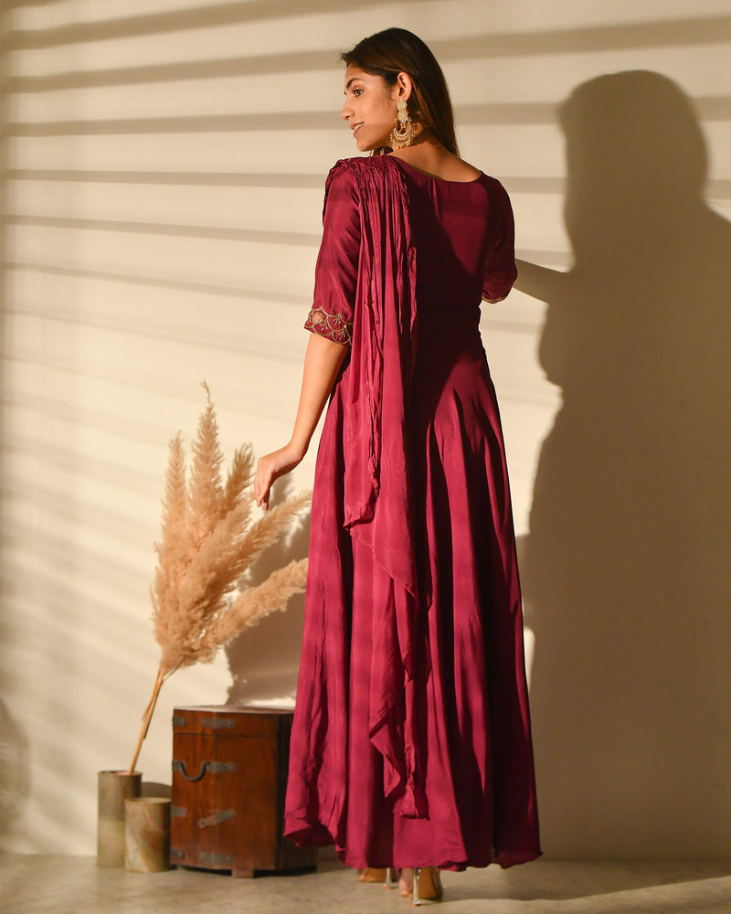 BURGUNDY MUSLIN BEAUTIFULLY EMBROIDERED GOWN