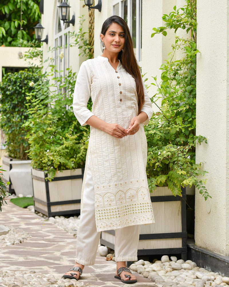 CREAM COTTON SUIT WITH BANDHEJ DUPATTA