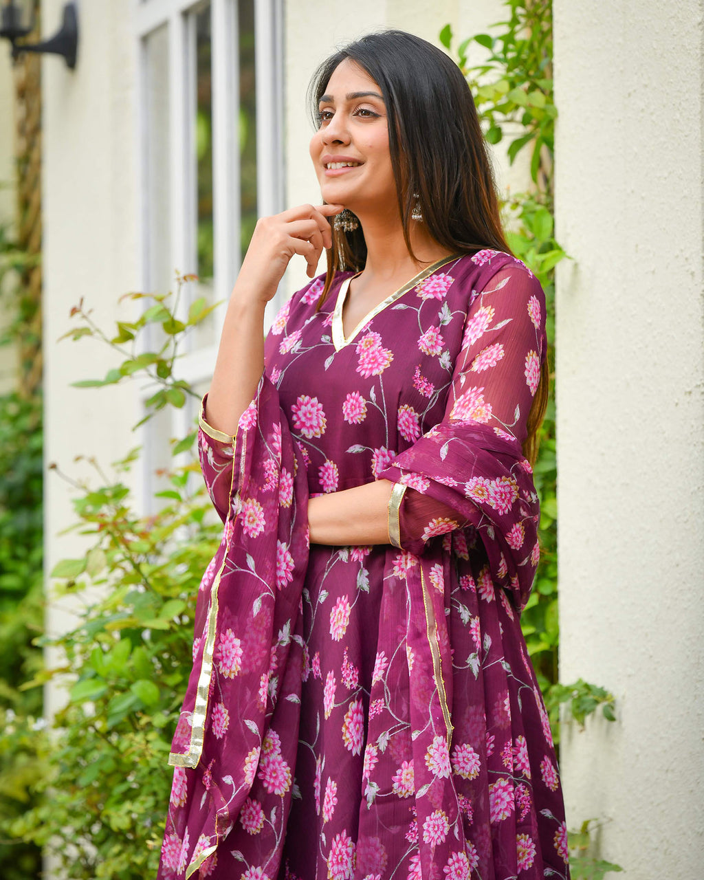 MAGENTA FLORAL ANARKALI SUIT SET