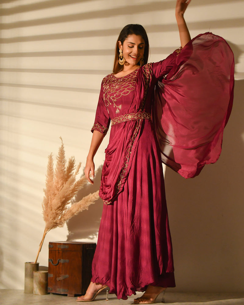 BURGUNDY MUSLIN BEAUTIFULLY EMBROIDERED GOWN