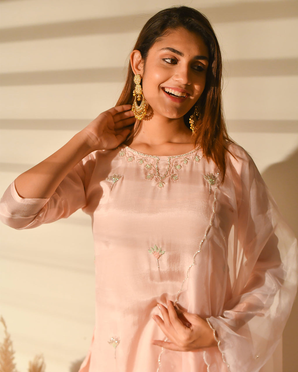 PINK PEACH MUSLIN SUIT SET WITH ORGANZA DUPATTA
