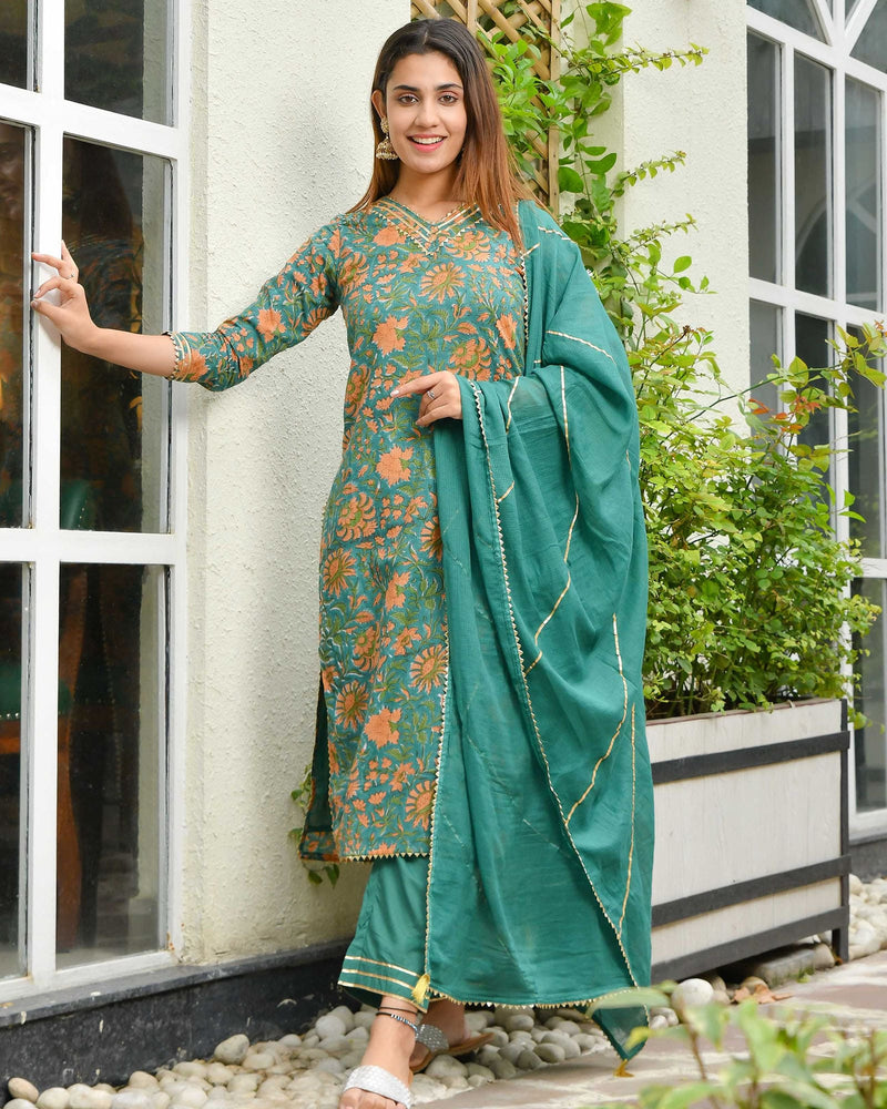 JOYFUL JADE GREEN KOTA DORIA HANDBLOCK SUIT SET