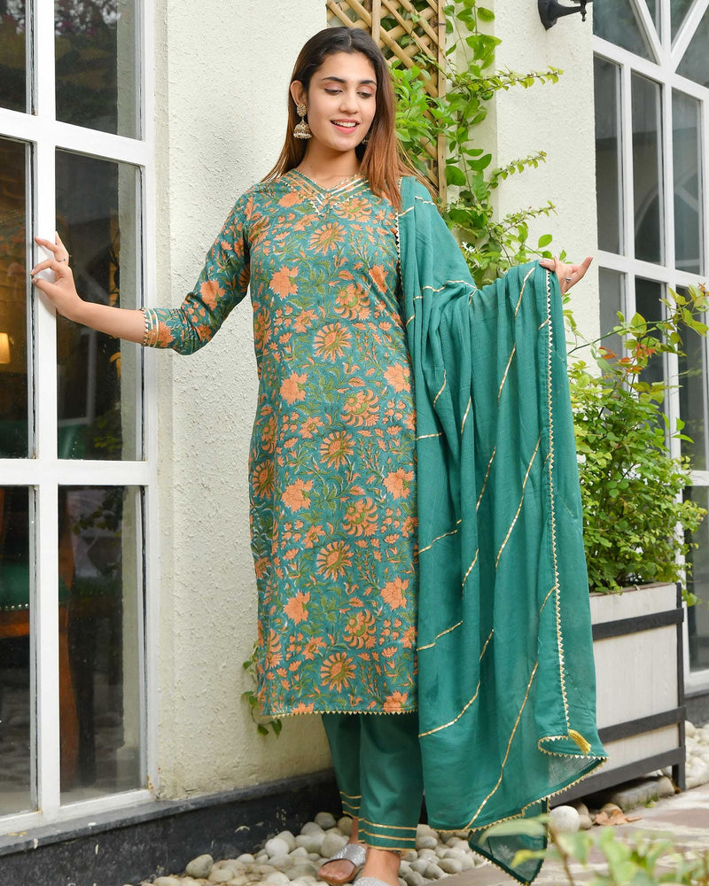 JOYFUL JADE GREEN KOTA DORIA HANDBLOCK SUIT SET
