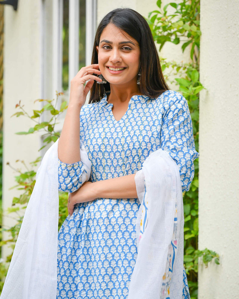 WHITE & BLUE HANDBLOCK COTTON SUIT SET