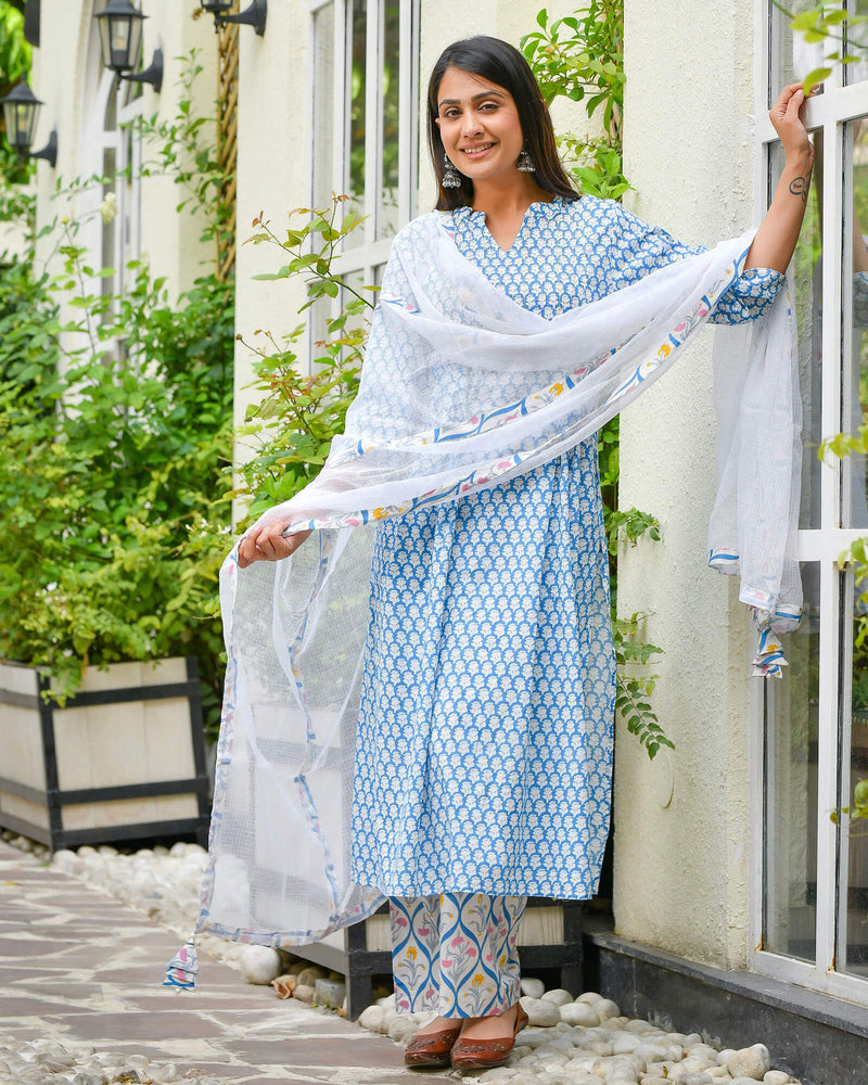 WHITE & BLUE HANDBLOCK COTTON SUIT SET