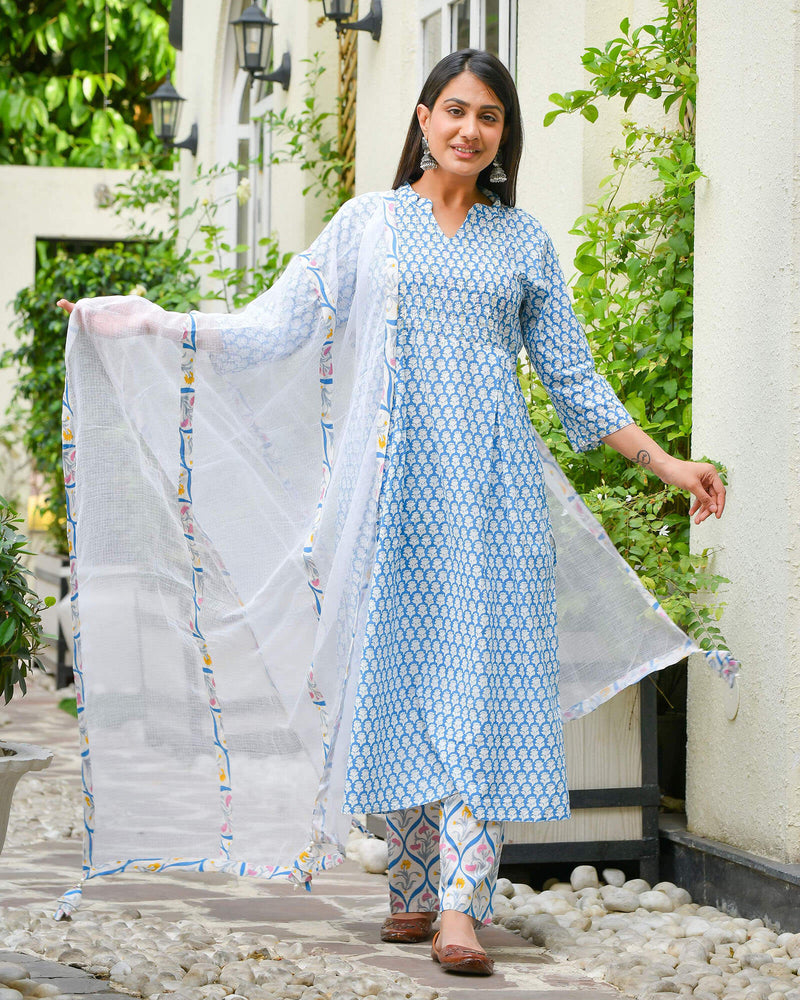 WHITE & BLUE HANDBLOCK COTTON SUIT SET