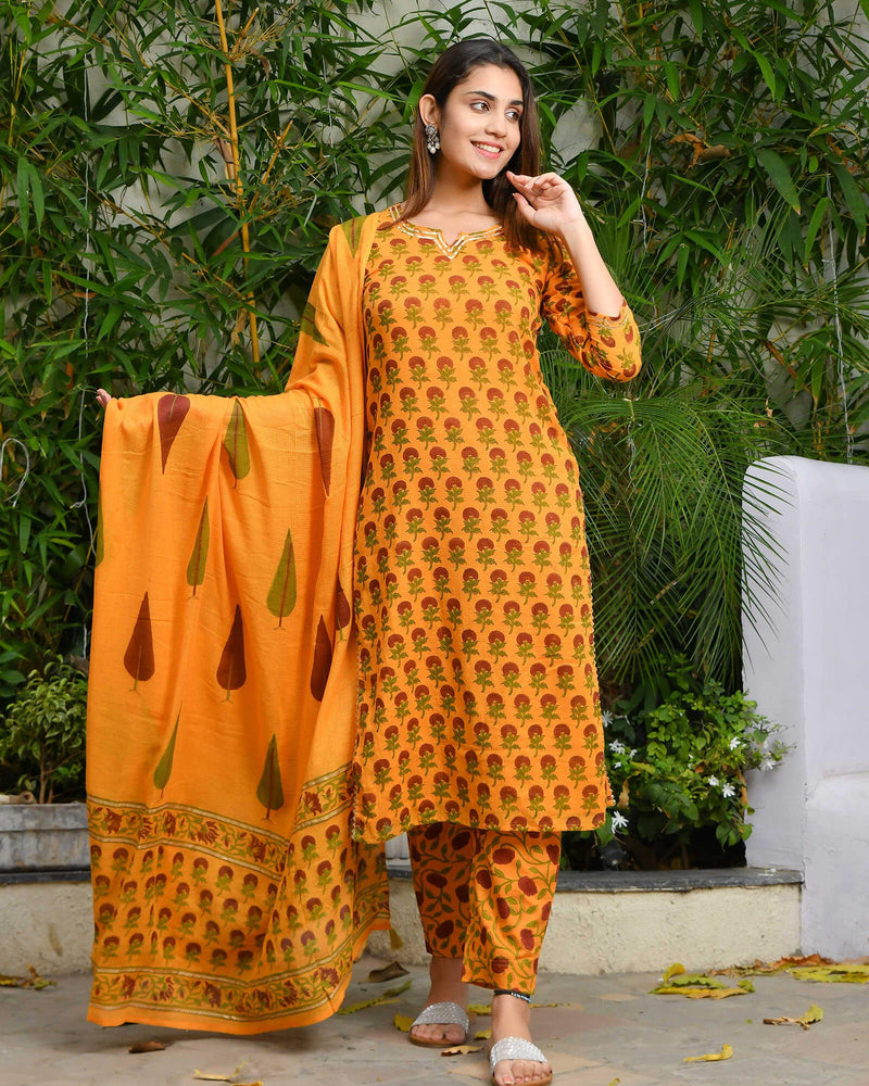 YELLOW PRINTED KOTA DORIA SUIT SET