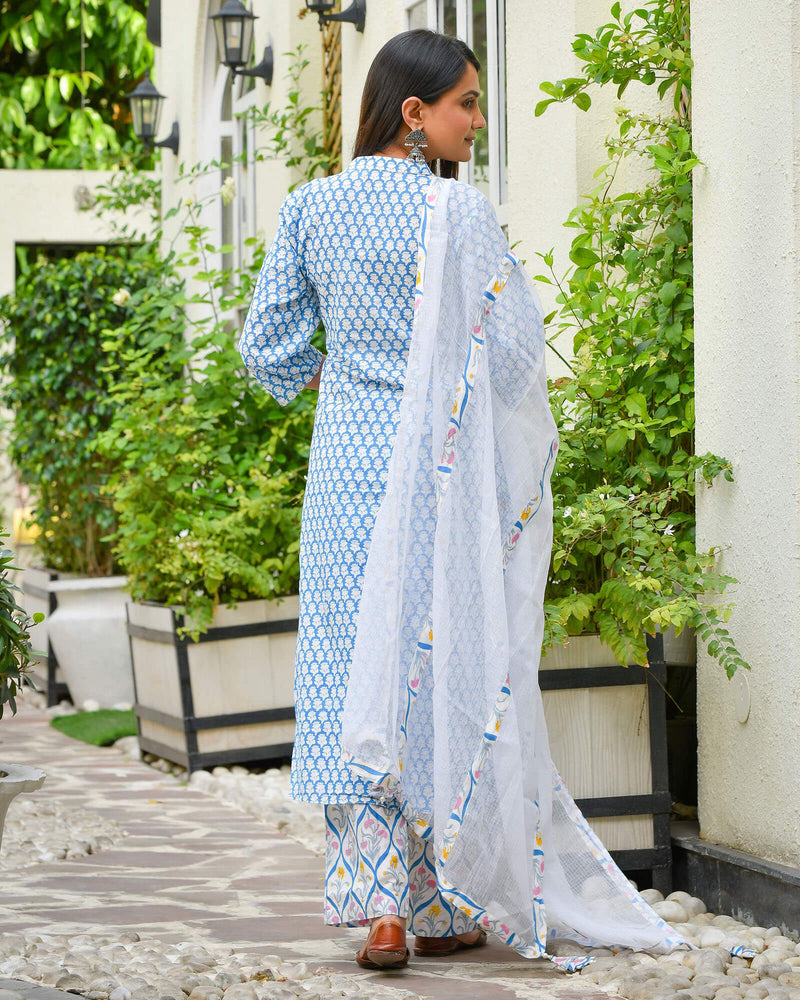 WHITE & BLUE HANDBLOCK COTTON SUIT SET