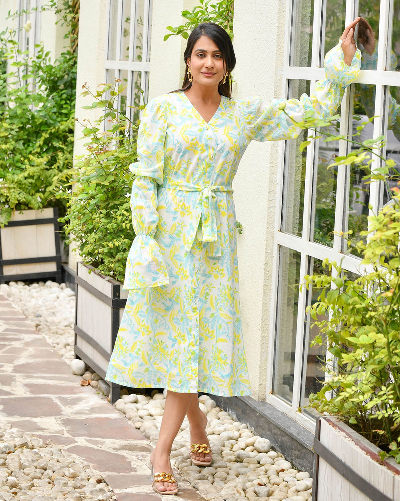 GREEN & YELLOW HANDBLOCK DRESS WITH BELL SLEEVES