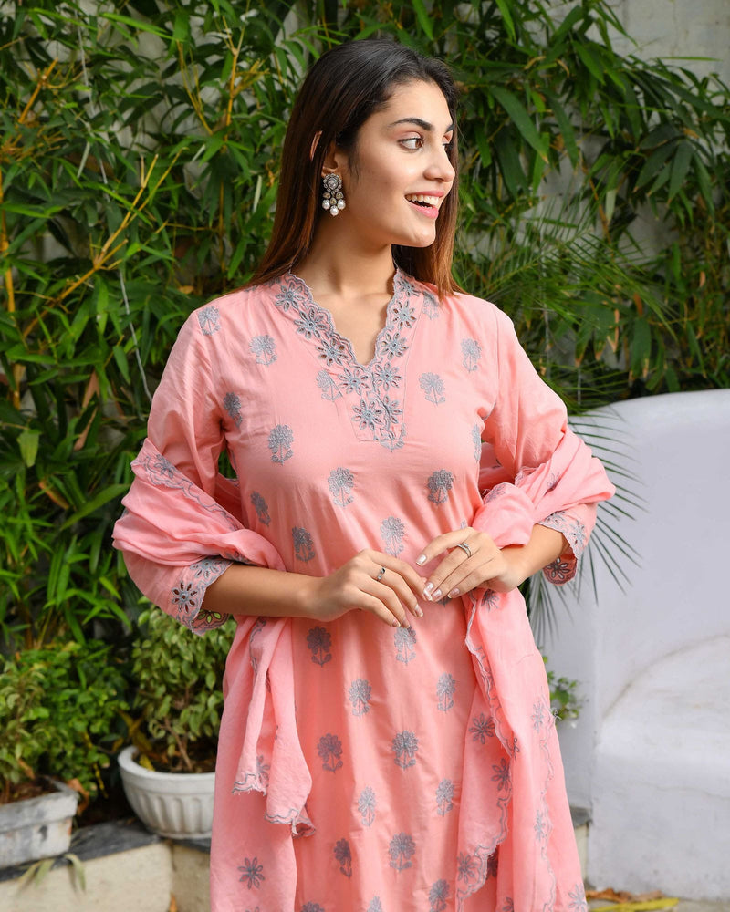 PEACH PINK COTTON SUIT SET WITH LACEWORK