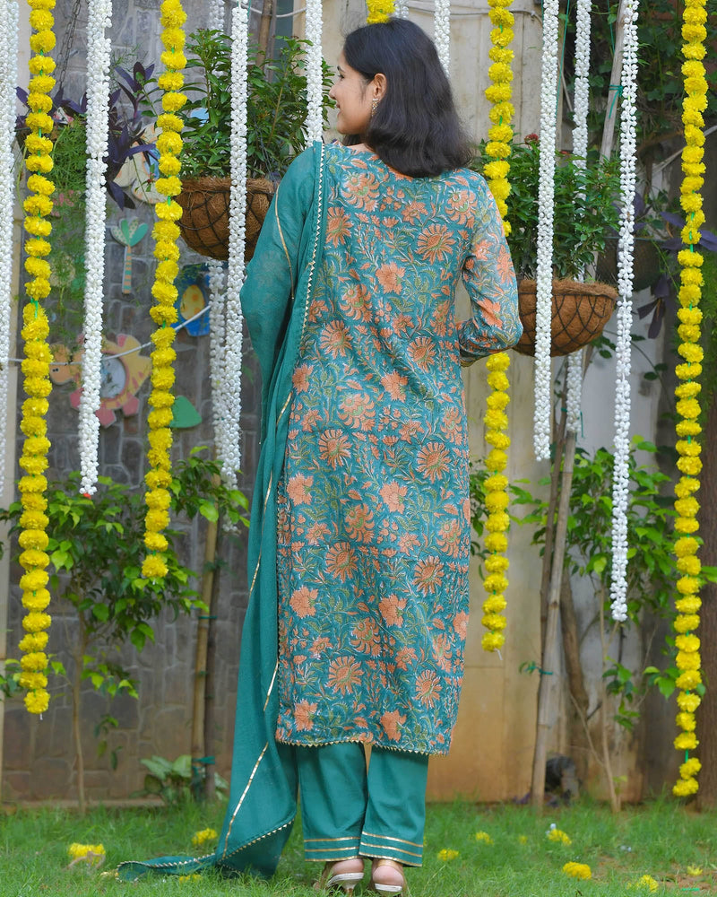 JOYFUL JADE GREEN KOTA DORIA HANDBLOCK SUIT SET