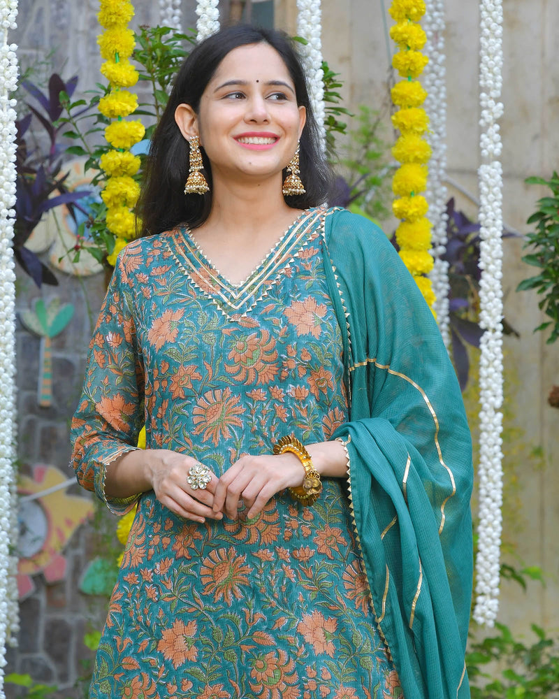 JOYFUL JADE GREEN KOTA DORIA HANDBLOCK SUIT SET
