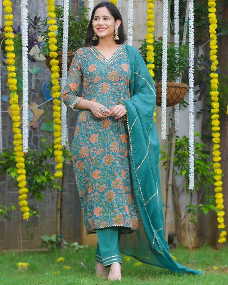 JOYFUL JADE GREEN KOTA DORIA HANDBLOCK SUIT SET
