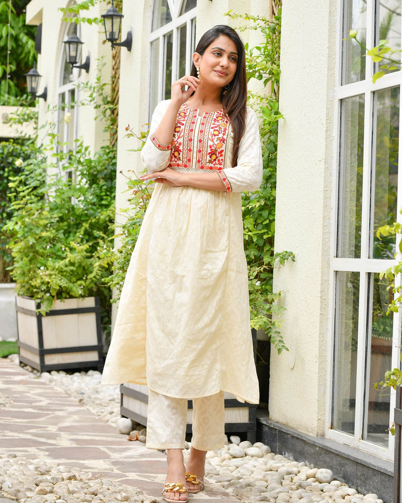 CREAM COTTON KURTA SET WITH RED EMBROIDERY
