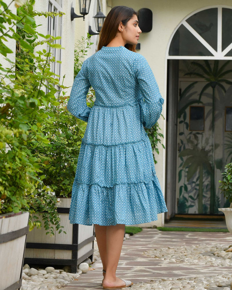 BLUE POLKA DOT FRILLED COTTON DRESS