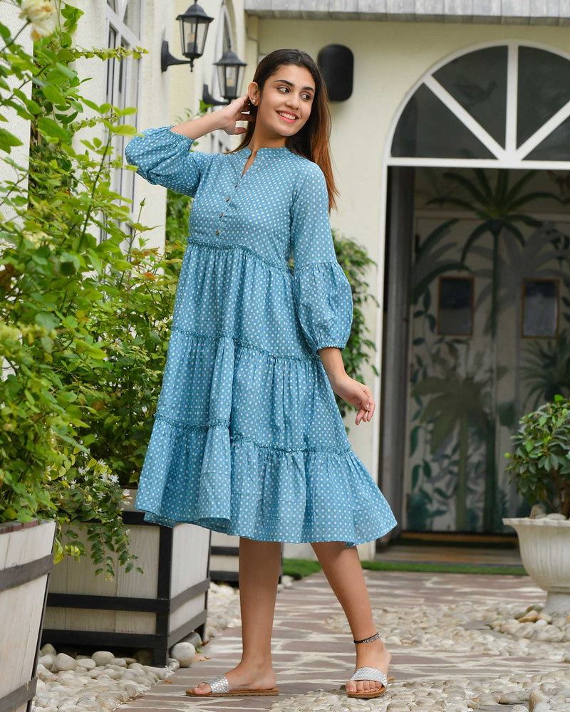 BLUE POLKA DOT FRILLED COTTON DRESS