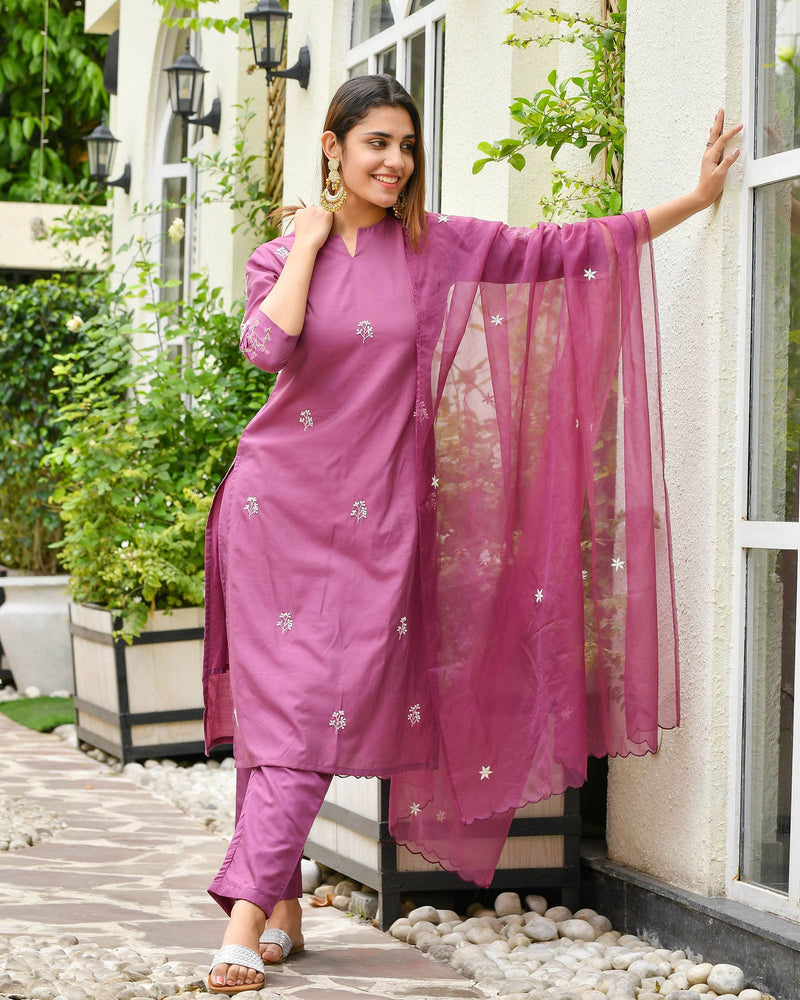 MAGENTA MUSLIN SUIT SET WITH EMBROIDERY