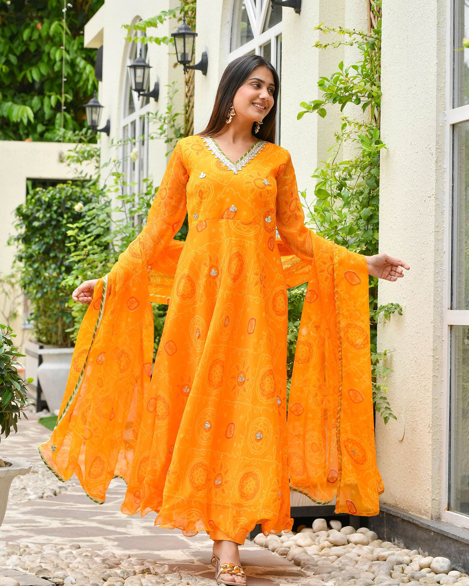 Yellow Bandhani Anarkali Suit Women's Designer Yellow Anarkali Kurta Set  With Bandhani Dupatta