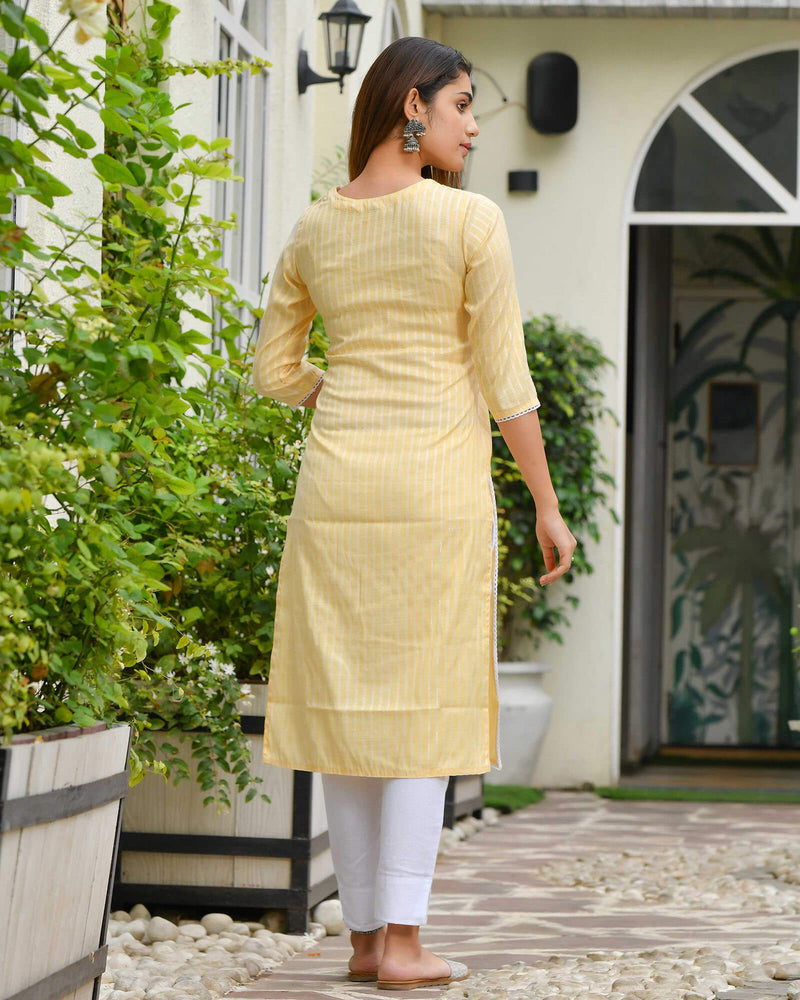 LIME YELLOW COTTON KURTA WITH EMBROIDERY