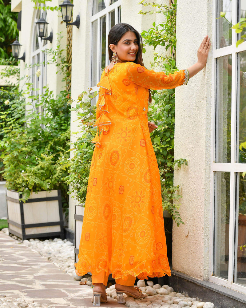 Bandhani Print Colorful Embroidered Anarkali Kurta Dress - Yellow – VEDANA