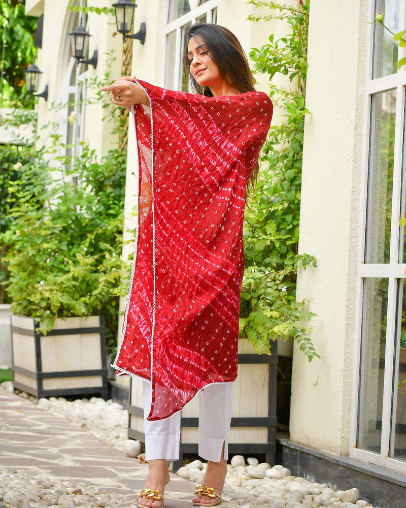 CRIMSON RED BANDHEJ SHANTUNG KURTA