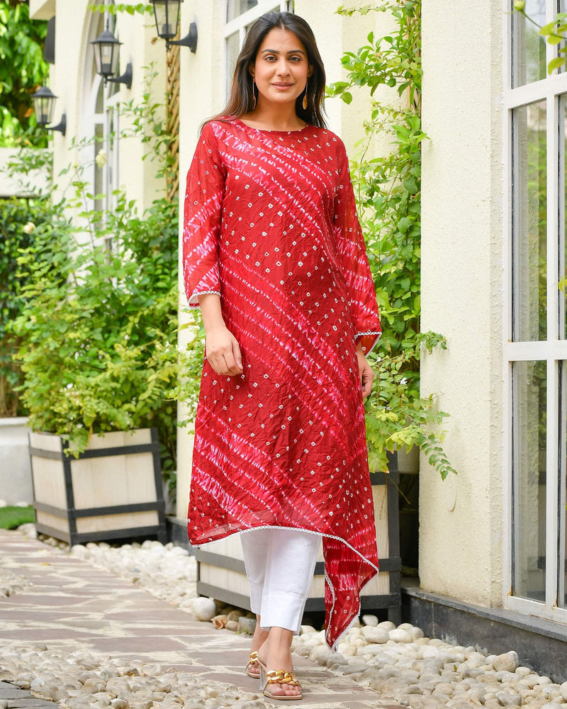 CRIMSON RED BANDHEJ SHANTUNG KURTA