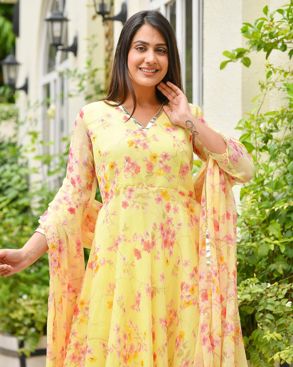 YELLOW FLORAL CHIFFON ANARKALI SET