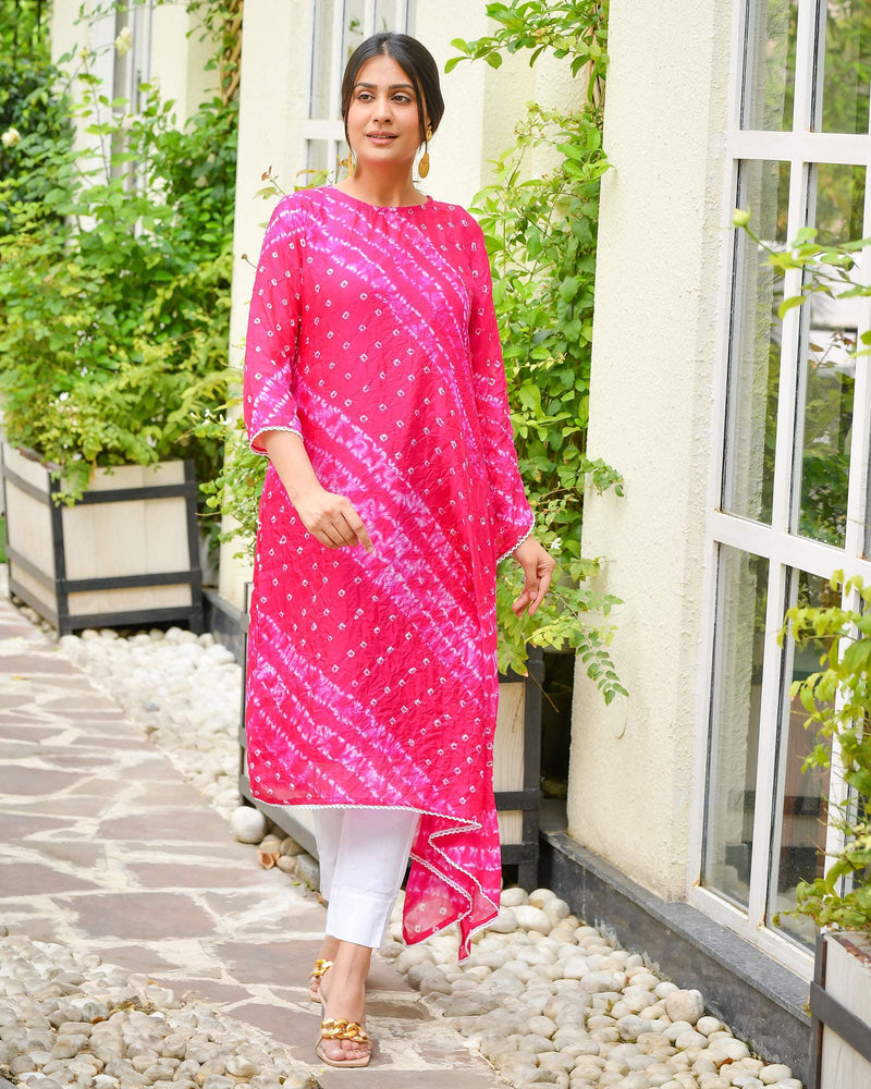 PINK BANDHEJ SHANTUNG KURTA