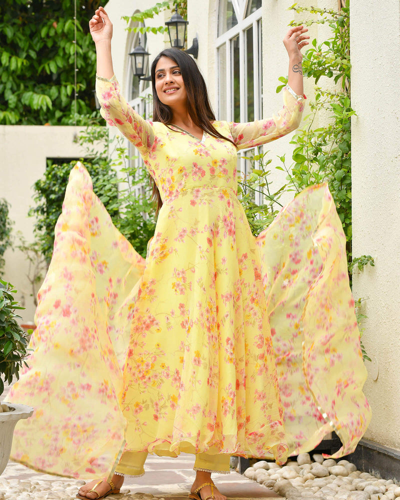 YELLOW FLORAL CHIFFON ANARKALI SET