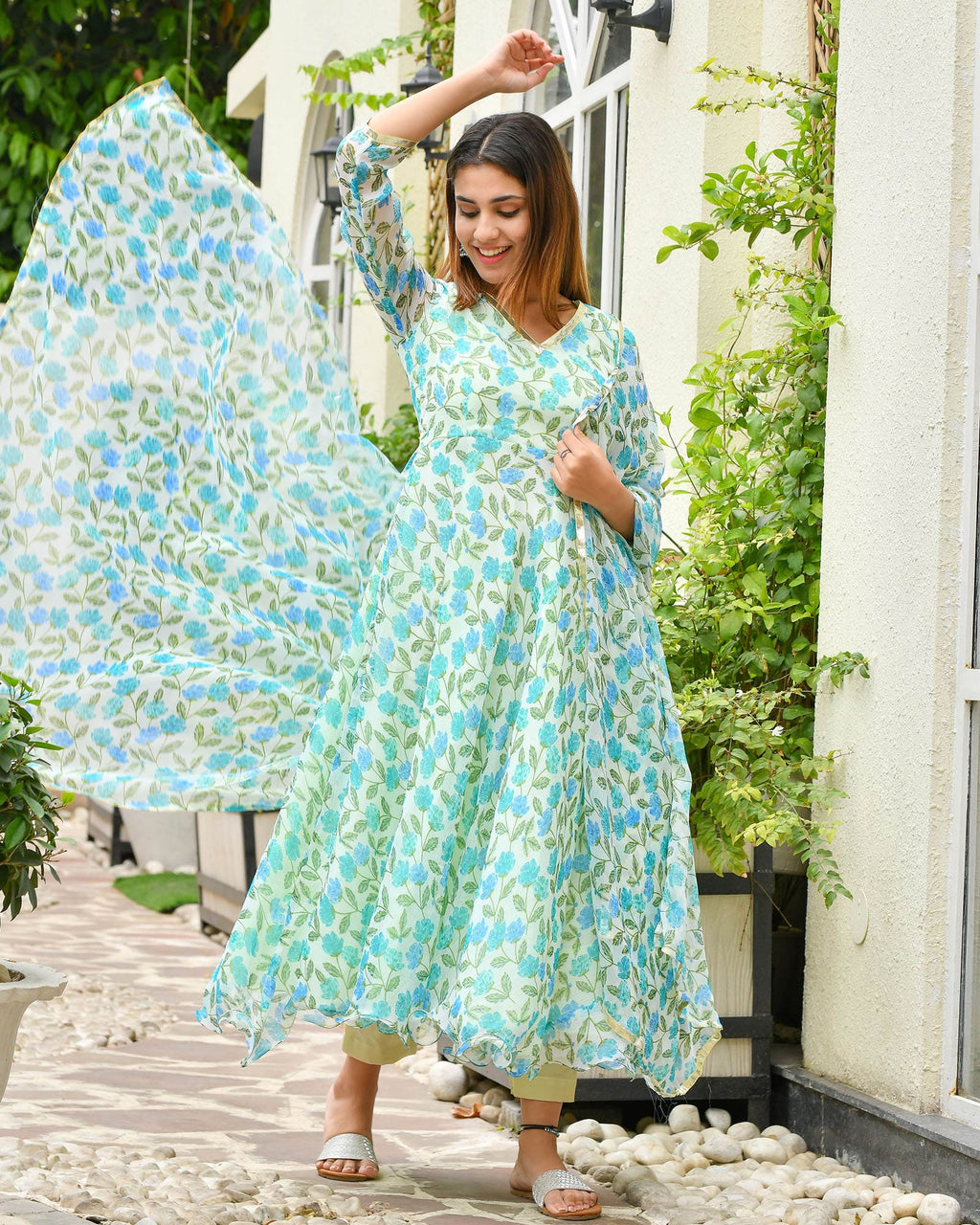 GREEN & BLUE CHIFFON ANARKALI SUIT SET