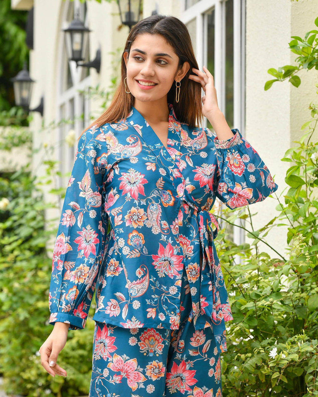 TEAL MUSLIN CO-ORD SET WITH MULTICOLORED PRINTS