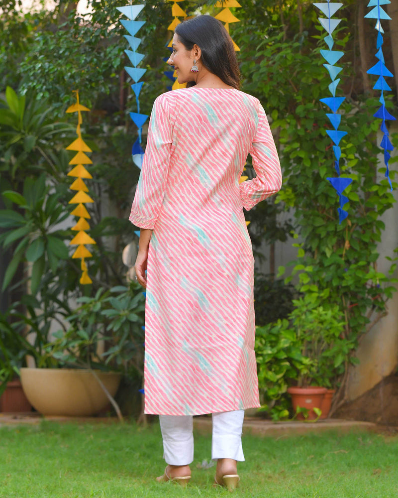 SEASHELL PINK LEHRIYA MUSLIN KURTA