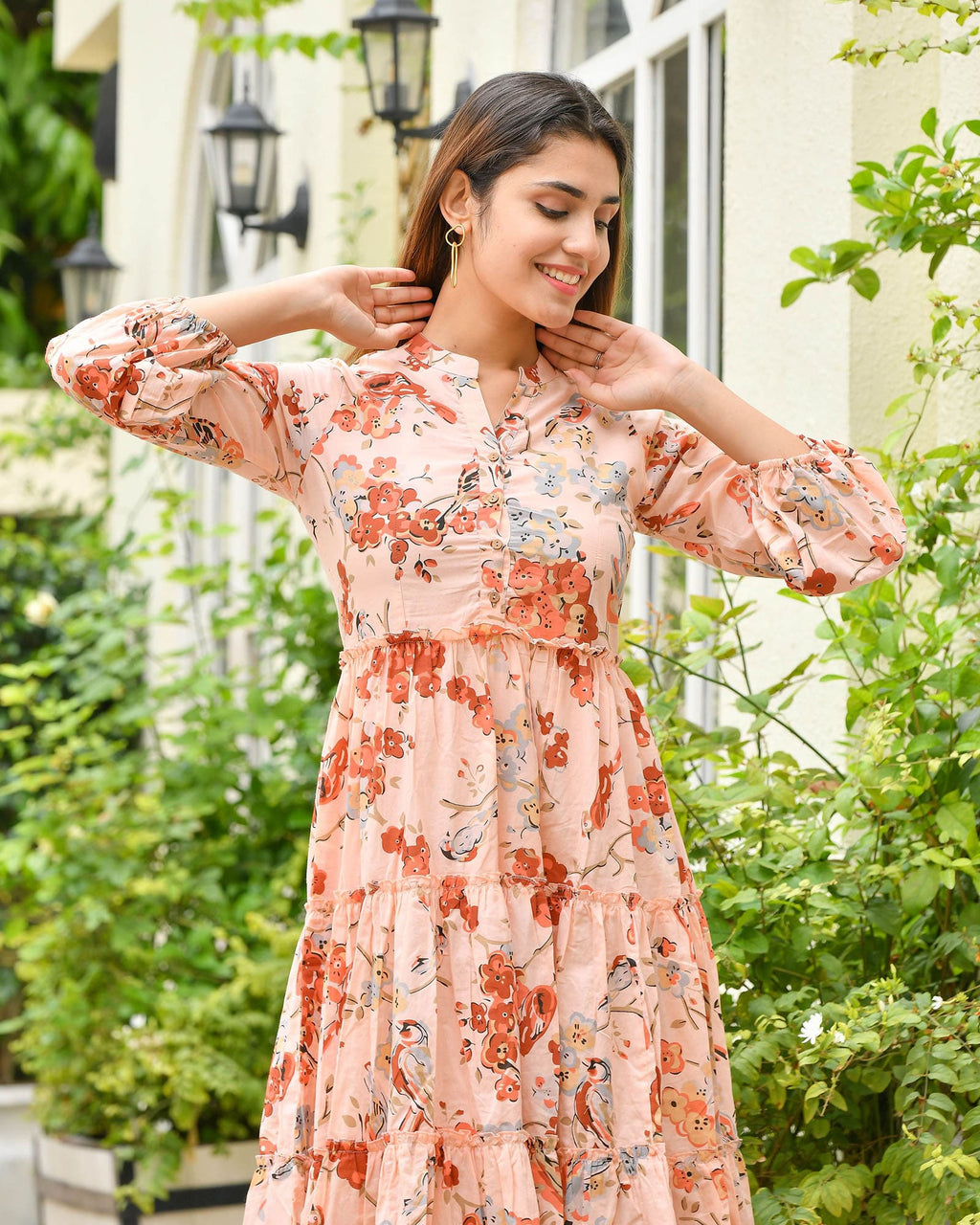 PEACH AUTUMN PRINT COTTON DRESS