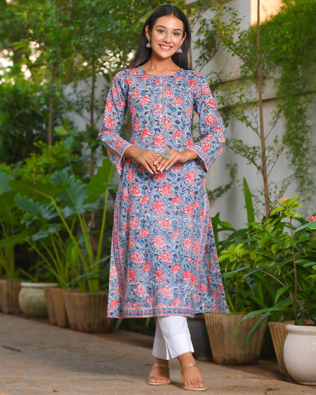 CORNFLOWER ROSE PRINT HANDBLOCK KURTA