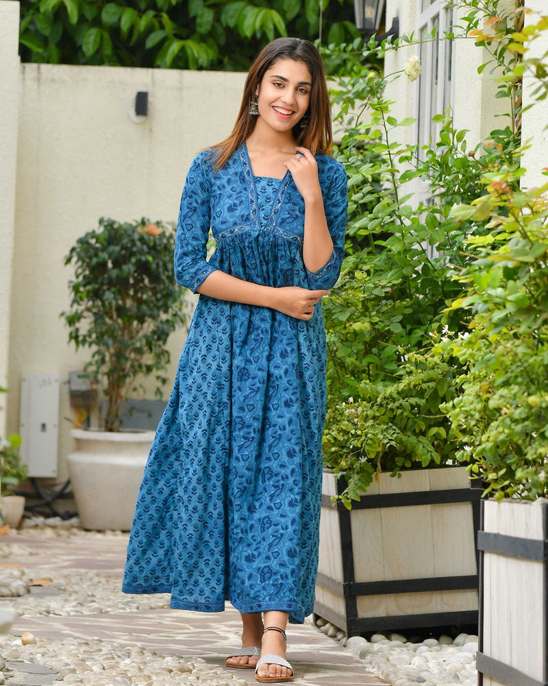 Floral One Piece Dress New Design DARK BLUE A-LINE COTTON DRESS Gulabi Dori Floral One Piece Dress New Design DARK BLUE A-LINE COTTON DRESS Gulabi Dori