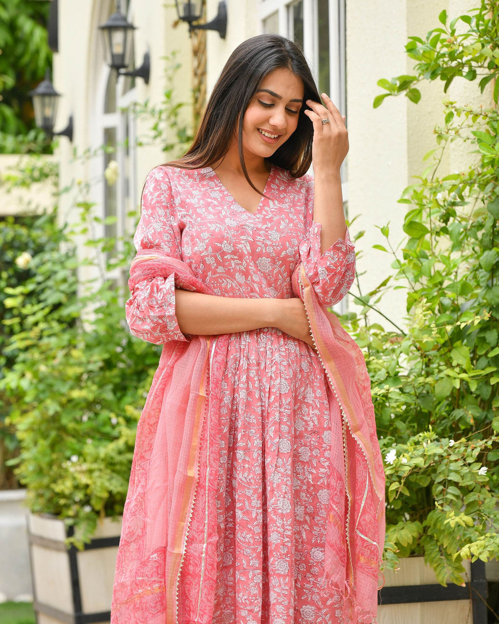 PINK & WHITE COTTON HANDBLOCK SUIT SET
