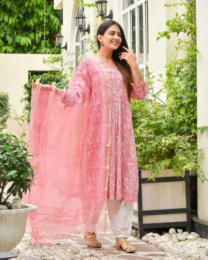 PINK & WHITE COTTON HANDBLOCK SUIT SET